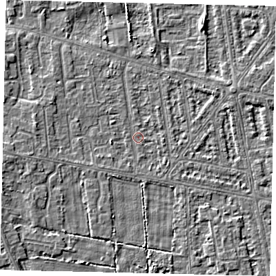 Shaded relief map of the ground around HU68TD, computed from Environment Agency LiDAR. The ground here sits at about 2 m above sea level and falls 3 m across the surrounding 800 m. Surface water reaching this point runs off ground lying to the west, 1.7 m higher.