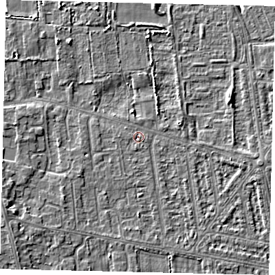 Shaded relief map of the ground around HU68TE, computed from Environment Agency LiDAR. The ground here sits at about 2 m above sea level and falls 5 m across the surrounding 800 m. Surface water reaching this point runs off ground lying to the west, 0.8 m higher.