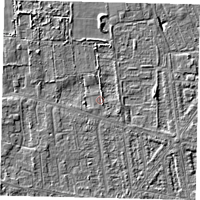 Shaded relief map of the ground around HU68TG, computed from Environment Agency LiDAR. The ground here sits at about 2 m above sea level and falls 6 m across the surrounding 800 m. Surface water reaching this point runs off ground lying to the north-north-east, 2.1 m higher.
