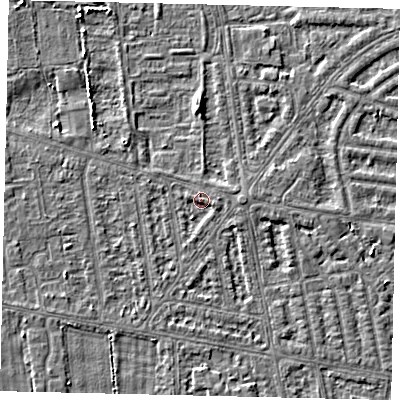 Shaded relief map of the ground around HU68TJ, computed from Environment Agency LiDAR. The ground here sits at about 2 m above sea level and falls 3 m across the surrounding 800 m. Surface water reaching this point runs off ground lying to the east-south-east, 1.5 m higher.