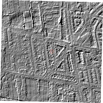 Shaded relief map of the ground around HU68TL, computed from Environment Agency LiDAR. The ground here sits at about 2 m above sea level and falls 3 m across the surrounding 800 m. Surface water reaching this point runs off ground lying to the east-north-east, 1.5 m higher.
