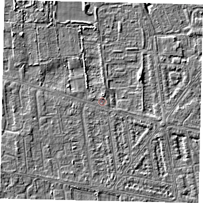 Shaded relief map of the ground around HU68TQ, computed from Environment Agency LiDAR. The ground here sits at about 2 m above sea level and falls 6 m across the surrounding 800 m. Surface water reaching this point runs off ground lying to the west-south-west, 2.5 m higher.