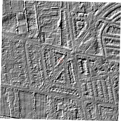 Shaded relief map of the ground around HU68TW, computed from Environment Agency LiDAR. The ground here sits at about 2 m above sea level and falls 3 m across the surrounding 800 m. Surface water reaching this point runs off ground lying to the east-north-east, 1.4 m higher.