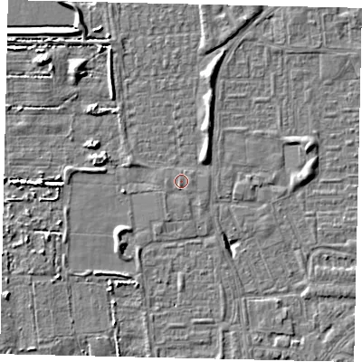 Shaded relief map of the ground around HU69AA, computed from Environment Agency LiDAR. The ground here sits at about 2 m above sea level and falls 5 m across the surrounding 800 m. Surface water reaching this point runs off ground lying to the south-south-west, 0.8 m higher.