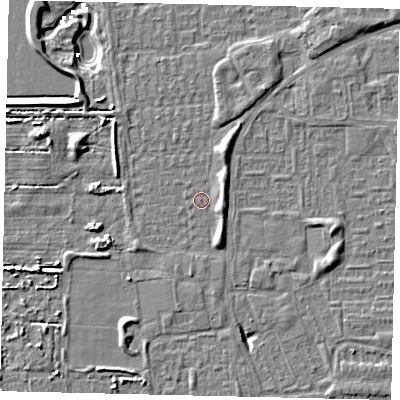 Shaded relief map of the ground around HU69AB, computed from Environment Agency LiDAR. The ground here sits at about 1 m above sea level and falls 6 m across the surrounding 800 m. Surface water reaching this point runs off ground lying to the west-north-west, 4.3 m higher.