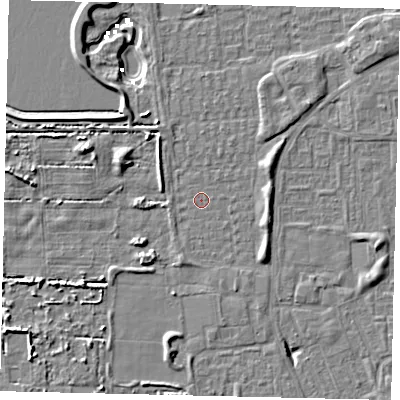 Shaded relief map of the ground around HU69AD, computed from Environment Agency LiDAR. The ground here sits at about 1 m above sea level and falls 6 m across the surrounding 800 m. Surface water reaching this point runs off ground lying to the south-west, 4.6 m higher.