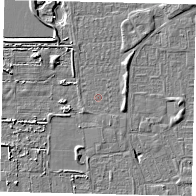 Shaded relief map of the ground around HU69AE, computed from Environment Agency LiDAR. The ground here sits at about 1 m above sea level and falls 6 m across the surrounding 800 m. Surface water reaching this point runs off ground lying to the north-west, 4.3 m higher.