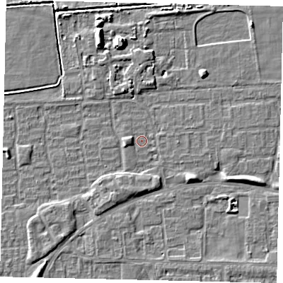 Shaded relief map of the ground around HU69AF, computed from Environment Agency LiDAR. The ground here sits at about 1 m above sea level and falls 7 m across the surrounding 800 m. Surface water reaching this point runs off ground lying to the east-south-east, 4.0 m higher.