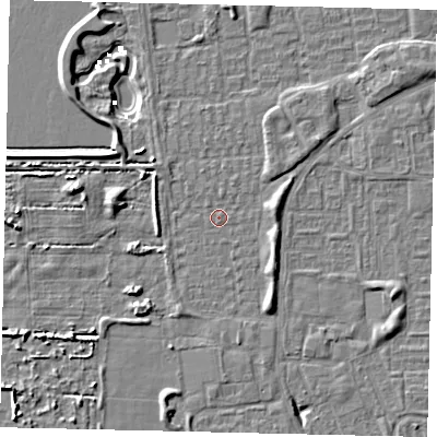 Shaded relief map of the ground around HU69AG, computed from Environment Agency LiDAR. The ground here sits at about 2 m above sea level and falls 6 m across the surrounding 800 m. Surface water reaching this point runs off ground lying to the west, 2.0 m higher.