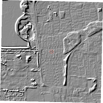 Shaded relief map of the ground around HU69AH, computed from Environment Agency LiDAR. The ground here sits at about 2 m above sea level and falls 6 m across the surrounding 800 m. Surface water reaching this point runs off ground lying to the east, 1.4 m higher.