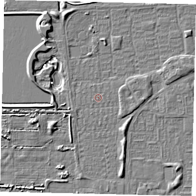 Shaded relief map of the ground around HU69AJ, computed from Environment Agency LiDAR. The ground here sits at about 2 m above sea level and falls 6 m across the surrounding 800 m. The ground contributing surface water to this point lies to the west-south-west.