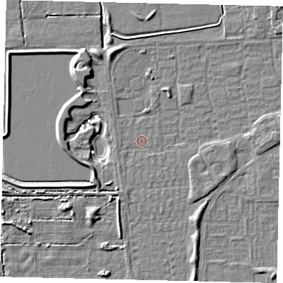 Shaded relief map of the ground around HU69AN, computed from Environment Agency LiDAR. The ground here sits at about 1 m above sea level and falls 6 m across the surrounding 800 m. Surface water reaching this point runs off ground lying to the north-west, 6.4 m higher.