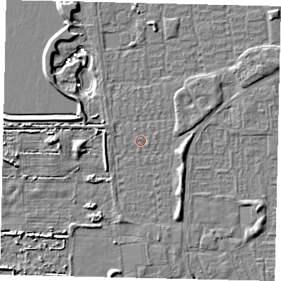 Shaded relief map of the ground around HU69AQ, computed from Environment Agency LiDAR. The ground here sits at about 2 m above sea level and falls 6 m across the surrounding 800 m. Surface water reaching this point runs off ground lying to the west-south-west, 2.0 m higher.