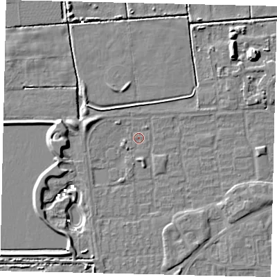 Shaded relief map of the ground around HU69AT, computed from Environment Agency LiDAR. The ground here sits at about 1 m above sea level and falls 8 m across the surrounding 800 m. Surface water reaching this point runs off ground lying to the west-north-west, 3.2 m higher.