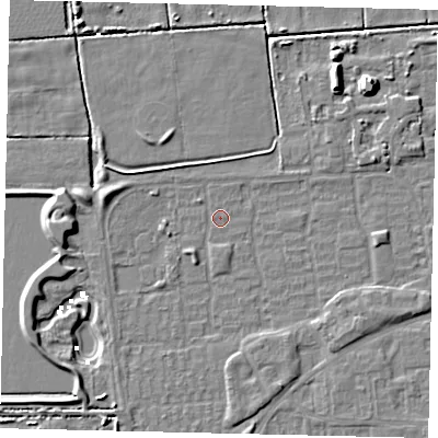 Shaded relief map of the ground around HU69AU, computed from Environment Agency LiDAR. The ground here sits at about 1 m above sea level and falls 8 m across the surrounding 800 m. Surface water reaching this point runs off ground lying to the west, 6.4 m higher.