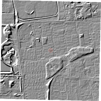 Shaded relief map of the ground around HU69AY, computed from Environment Agency LiDAR. The ground here sits at about 1 m above sea level and falls 8 m across the surrounding 800 m. Surface water reaching this point runs off ground lying to the south-east, 1.7 m higher.