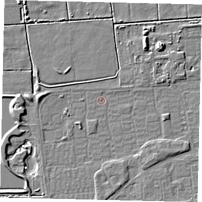 Shaded relief map of the ground around HU69AZ, computed from Environment Agency LiDAR. The ground here sits at about 1 m above sea level and falls 8 m across the surrounding 800 m. Surface water reaching this point runs off ground lying to the west, 6.4 m higher.