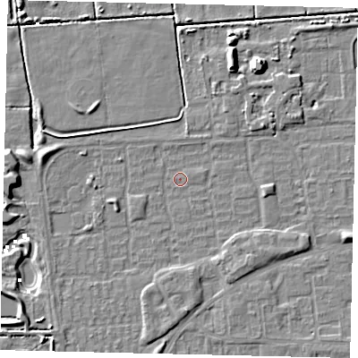 Shaded relief map of the ground around HU69BA, computed from Environment Agency LiDAR. The ground here sits at about 1 m above sea level and falls 8 m across the surrounding 800 m. Surface water reaching this point runs off ground lying to the west, 3.3 m higher.