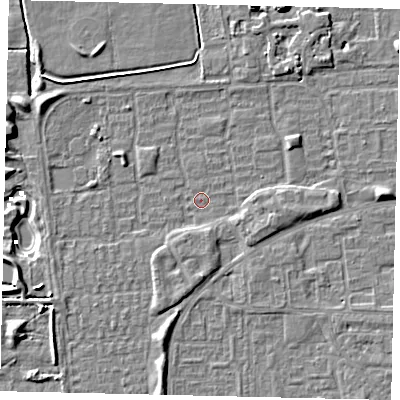 Shaded relief map of the ground around HU69BB, computed from Environment Agency LiDAR. The ground here sits at about 1 m above sea level and falls 8 m across the surrounding 800 m. Surface water reaching this point runs off ground lying to the south, 1.7 m higher.