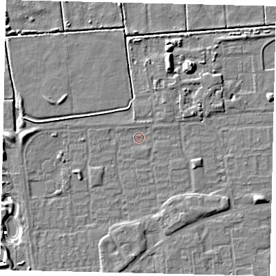 Shaded relief map of the ground around HU69BD, computed from Environment Agency LiDAR. The ground here sits at about 1 m above sea level and falls 8 m across the surrounding 800 m. Surface water reaching this point runs off ground lying to the west, 3.3 m higher.