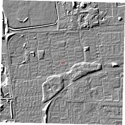 Shaded relief map of the ground around HU69BE, computed from Environment Agency LiDAR. The ground here sits at about 1 m above sea level and falls 8 m across the surrounding 800 m. Surface water reaching this point runs off ground lying to the south, 2.3 m higher.