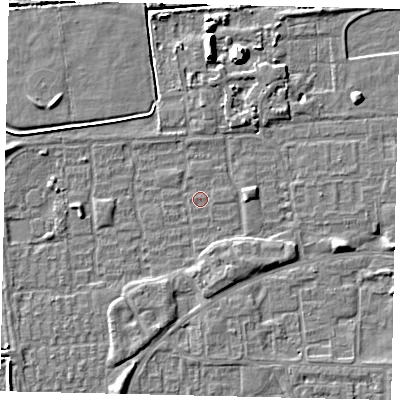 Shaded relief map of the ground around HU69BG, computed from Environment Agency LiDAR. The ground here sits at about 1 m above sea level and falls 7 m across the surrounding 800 m. Surface water reaching this point runs off ground lying to the south-south-west, 2.3 m higher.