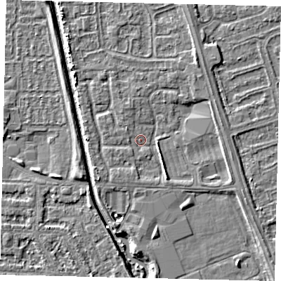 Shaded relief map of the ground around HU69BH, computed from Environment Agency LiDAR. The ground here sits at about 2 m above sea level and falls 4 m across the surrounding 800 m. Surface water reaching this point runs off ground lying to the north-east, 2.7 m higher.