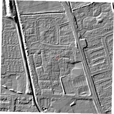 Shaded relief map of the ground around HU69BJ, computed from Environment Agency LiDAR. The ground here sits at about 2 m above sea level and falls 6 m across the surrounding 800 m. Surface water reaching this point runs off ground lying to the east-north-east, 2.7 m higher.