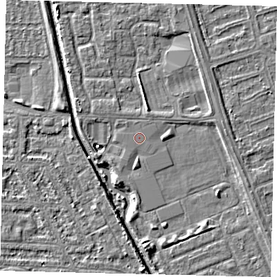 Shaded relief map of the ground around HU69BP, computed from Environment Agency LiDAR. The ground here sits at about 2 m above sea level and falls 5 m across the surrounding 800 m. The ground contributing surface water to this point lies to the east-north-east.