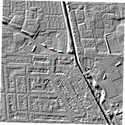 Shaded relief map of the ground around HU69BS, computed from Environment Agency LiDAR. The ground here sits at about 2 m above sea level and falls 5 m across the surrounding 800 m. Surface water reaching this point runs off ground lying to the east-north-east, 1.6 m higher.