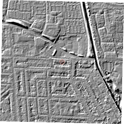 Shaded relief map of the ground around HU69BT, computed from Environment Agency LiDAR. The ground here sits at about 2 m above sea level and falls 5 m across the surrounding 800 m. Surface water reaching this point runs off ground lying to the south-west, 1.3 m higher.
