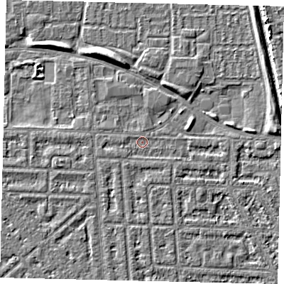 Shaded relief map of the ground around HU69BU, computed from Environment Agency LiDAR. The ground here sits at about 2 m above sea level and falls 5 m across the surrounding 800 m. Surface water reaching this point runs off ground lying to the west, 0.7 m higher.