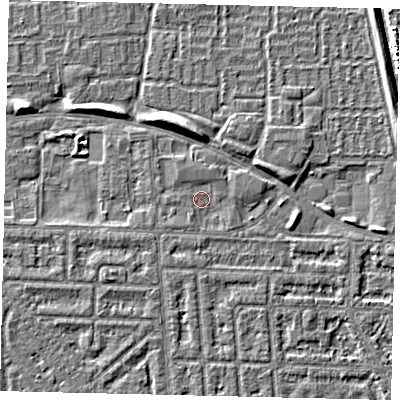 Shaded relief map of the ground around HU69BX, computed from Environment Agency LiDAR. The ground here sits at about 2 m above sea level and falls 5 m across the surrounding 800 m. Surface water reaching this point runs off ground lying to the west-south-west, 1.1 m higher.