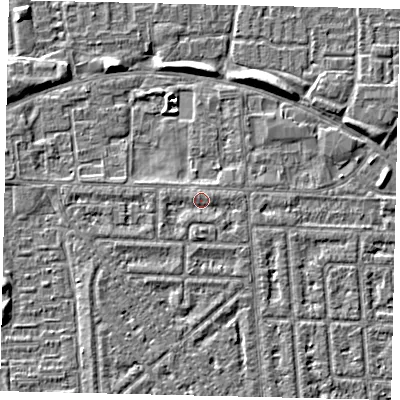 Shaded relief map of the ground around HU69BY, computed from Environment Agency LiDAR. The ground here sits at about 2 m above sea level and falls 5 m across the surrounding 800 m. Surface water reaching this point runs off ground lying to the west-south-west, 0.9 m higher.