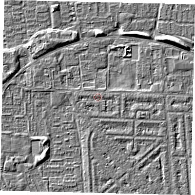 Shaded relief map of the ground around HU69BZ, computed from Environment Agency LiDAR. The ground here sits at about 2 m above sea level and falls 5 m across the surrounding 800 m. Surface water reaching this point runs off ground lying to the south-east, 0.8 m higher.