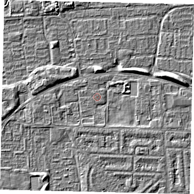 Shaded relief map of the ground around HU69DA, computed from Environment Agency LiDAR. The ground here sits at about 1 m above sea level and falls 5 m across the surrounding 800 m. Surface water reaching this point runs off ground lying to the south-east, 1.9 m higher.