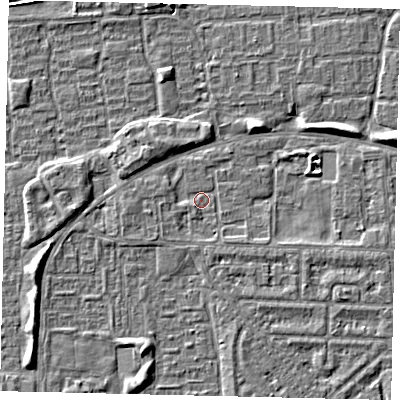 Shaded relief map of the ground around HU69DB, computed from Environment Agency LiDAR. The ground here sits at about 1 m above sea level and falls 4 m across the surrounding 800 m. Surface water reaching this point runs off ground lying to the south, 1.3 m higher.