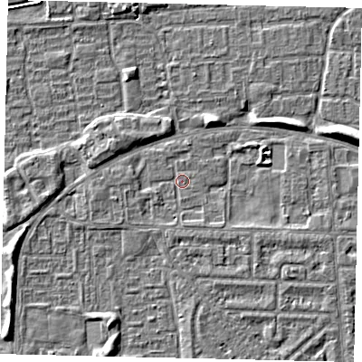 Shaded relief map of the ground around HU69DD, computed from Environment Agency LiDAR. The ground here sits at about 1 m above sea level and falls 5 m across the surrounding 800 m. Surface water reaching this point runs off ground lying to the south, 1.3 m higher.
