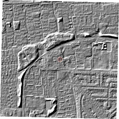 Shaded relief map of the ground around HU69DE, computed from Environment Agency LiDAR. The ground here sits at about 2 m above sea level and falls 4 m across the surrounding 800 m. The ground contributing surface water to this point lies to the west-south-west.