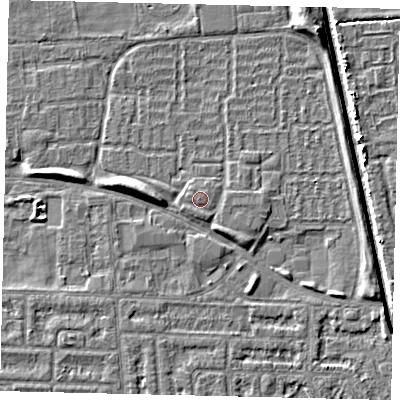 Shaded relief map of the ground around HU69DF, computed from Environment Agency LiDAR. The ground here sits at about 2 m above sea level and falls 6 m across the surrounding 800 m. Surface water reaching this point runs off ground lying to the west-south-west, 0.5 m higher.