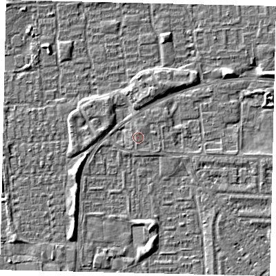 Shaded relief map of the ground around HU69DG, computed from Environment Agency LiDAR. The ground here sits at about 2 m above sea level and falls 4 m across the surrounding 800 m. Surface water reaching this point runs off ground lying to the east-north-east, 0.6 m higher.