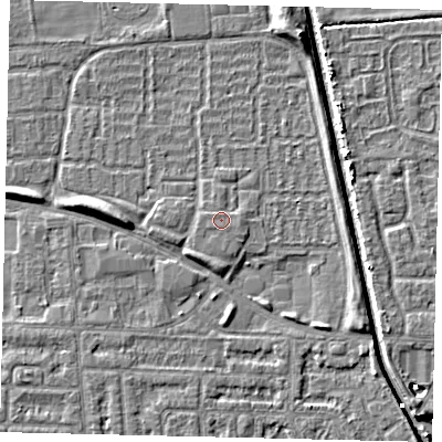 Shaded relief map of the ground around HU69DQ, computed from Environment Agency LiDAR. The ground here sits at about 2 m above sea level and falls 6 m across the surrounding 800 m. The ground contributing surface water to this point lies to the south.