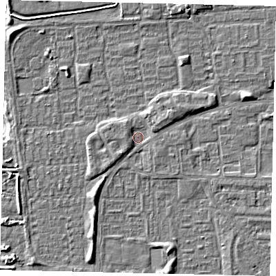 Shaded relief map of the ground around HU69DT, computed from Environment Agency LiDAR. The ground here sits at about 1 m above sea level and falls 6 m across the surrounding 800 m. Surface water reaching this point runs off ground lying to the south-west, 2.1 m higher.