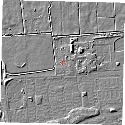 Shaded relief map of the ground around HU69DX, computed from Environment Agency LiDAR. The ground here sits at about 1 m above sea level and falls 8 m across the surrounding 800 m. Surface water reaching this point runs off ground lying to the east-south-east, 1.3 m higher.