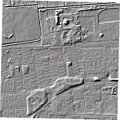 Shaded relief map of the ground around HU69DZ, computed from Environment Agency LiDAR. The ground here sits at about 1 m above sea level and falls 7 m across the surrounding 800 m. Surface water reaching this point runs off ground lying to the south-east, 0.6 m higher.