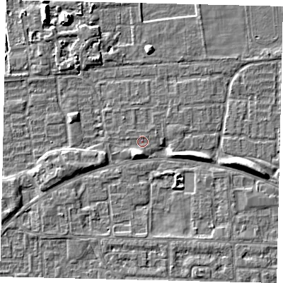 Shaded relief map of the ground around HU69EA, computed from Environment Agency LiDAR. The ground here sits at about 1 m above sea level and falls 7 m across the surrounding 800 m. Surface water reaching this point runs off ground lying to the south-south-west, 2.6 m higher.