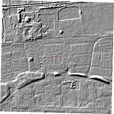 Shaded relief map of the ground around HU69EB, computed from Environment Agency LiDAR. The ground here sits at about 1 m above sea level and falls 7 m across the surrounding 800 m. The ground contributing surface water to this point lies to the south-west.