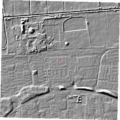 Shaded relief map of the ground around HU69ED, computed from Environment Agency LiDAR. The ground here sits at about 1 m above sea level and falls 7 m across the surrounding 800 m. Surface water reaching this point runs off ground lying to the south-east, 0.6 m higher.