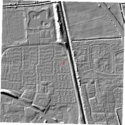 Shaded relief map of the ground around HU69EF, computed from Environment Agency LiDAR. The ground here sits at about 1 m above sea level and falls 6 m across the surrounding 800 m. Surface water reaching this point runs off ground lying to the south-south-west, 0.6 m higher.