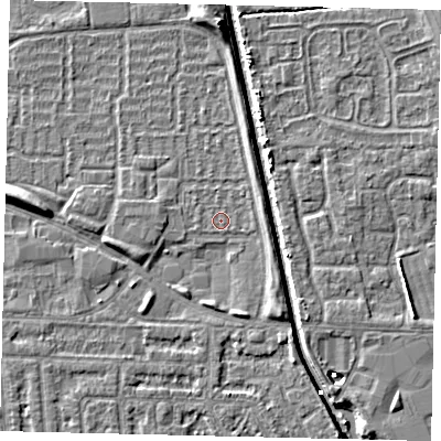 Shaded relief map of the ground around HU69EG, computed from Environment Agency LiDAR. The ground here sits at about 1 m above sea level and falls 6 m across the surrounding 800 m. Surface water reaching this point runs off ground lying to the east, 0.7 m higher.